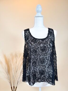Free People Black Sheer Floral Applique Tank Top